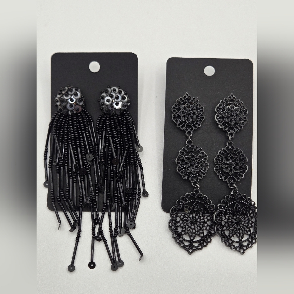 VINTAGE Fashion Earrings Black Metal & Sequen with Strands Of Beads